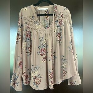 ASTR Floral Smocked V-Neck Blouse